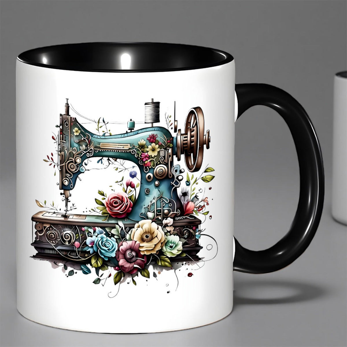 Tailorly Black Accent 11 oz Mug - vintage sewing machine floral pattern