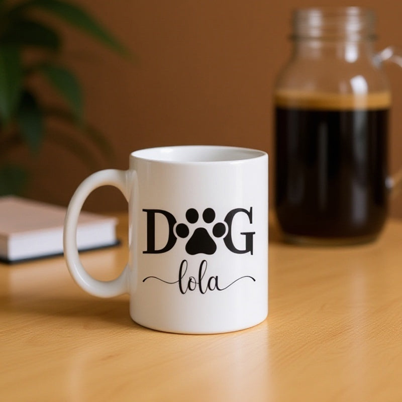 Tailorly White Ceramic 11 oz Mug - lola dog with paw print