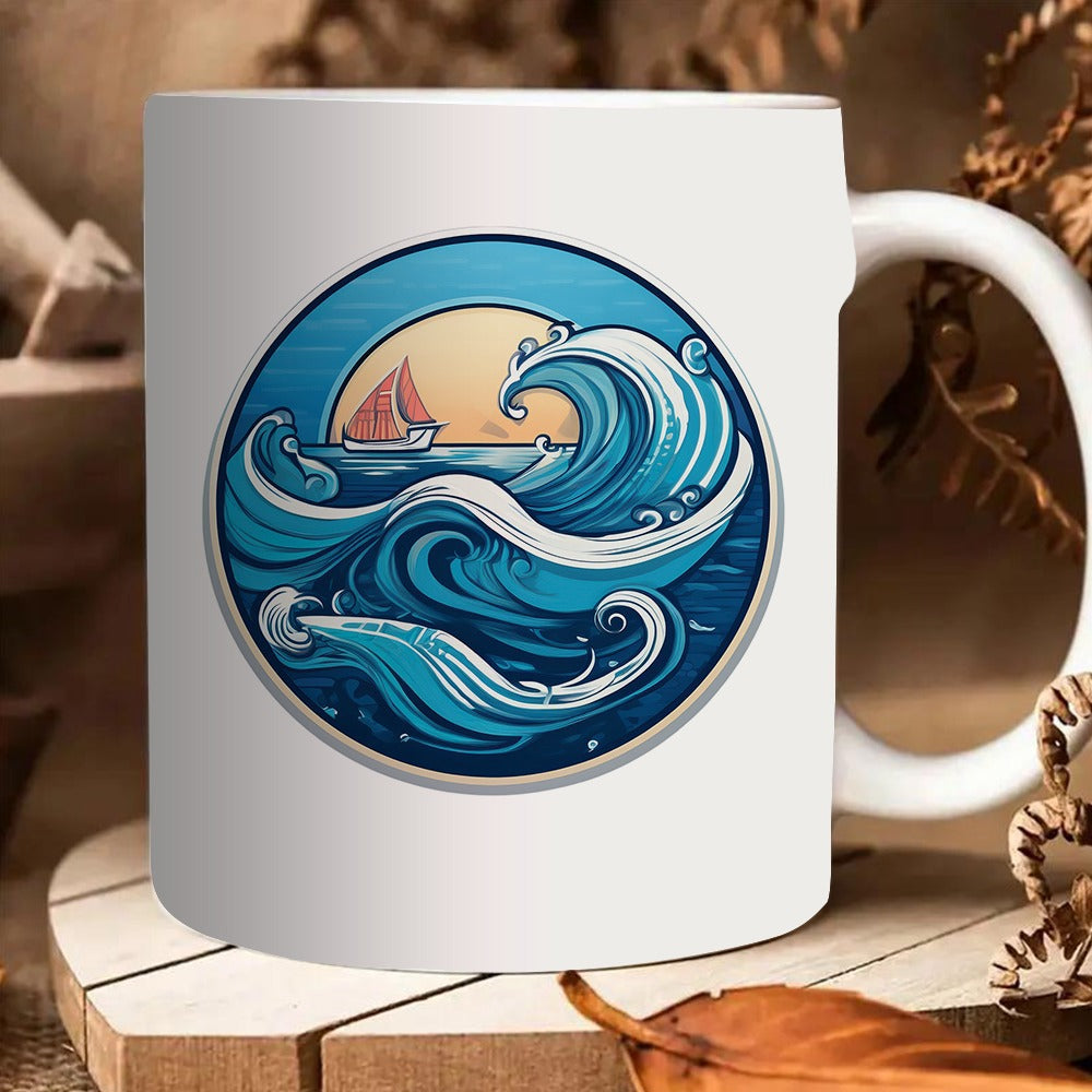 Tailorly White Ceramic 11 oz Mug - ocean waves and sailboat