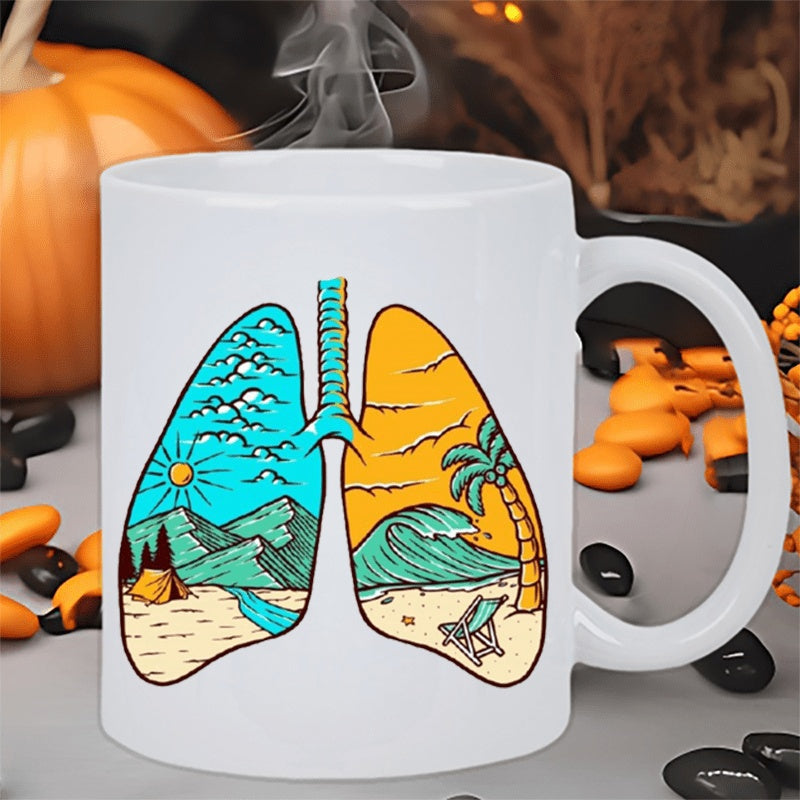 Tailorly White Ceramic 11 oz Mug - surfboard and palm tree