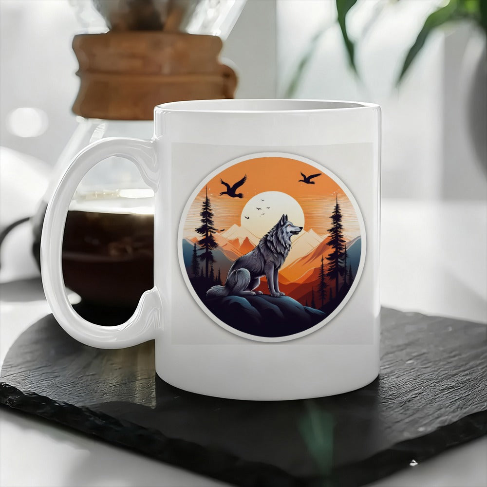 Tailorly White Ceramic 11 oz Mug - wolf in mountain sunset landscape