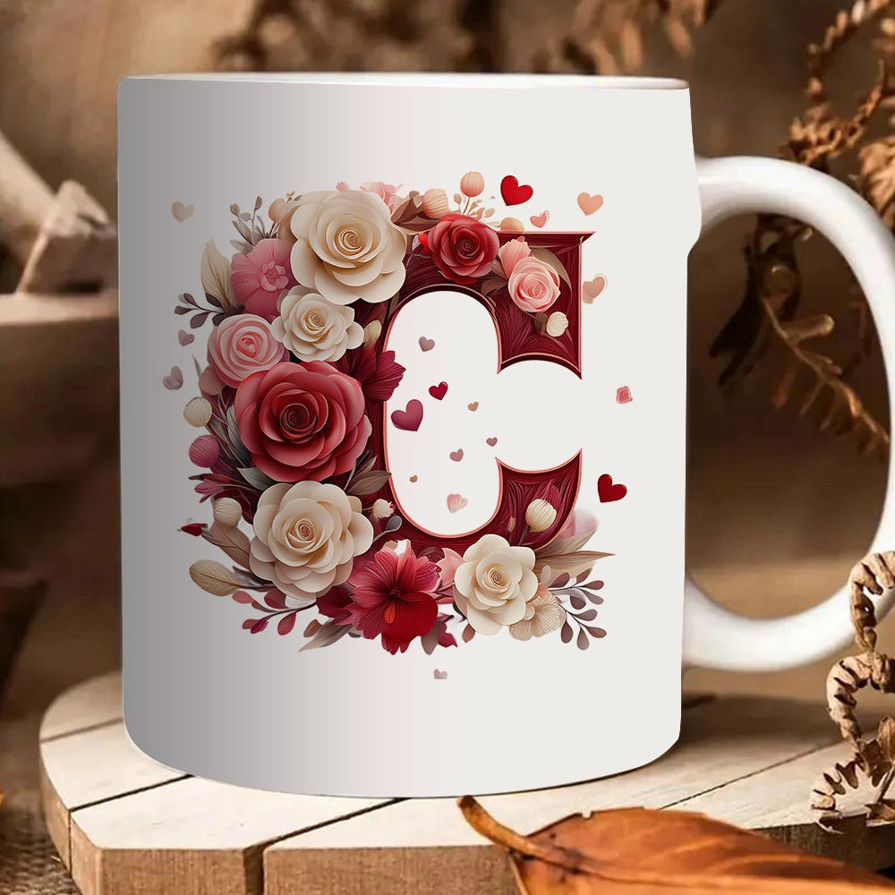 Tailorly White Ceramic 11 oz Mug - floral design with rose pattern