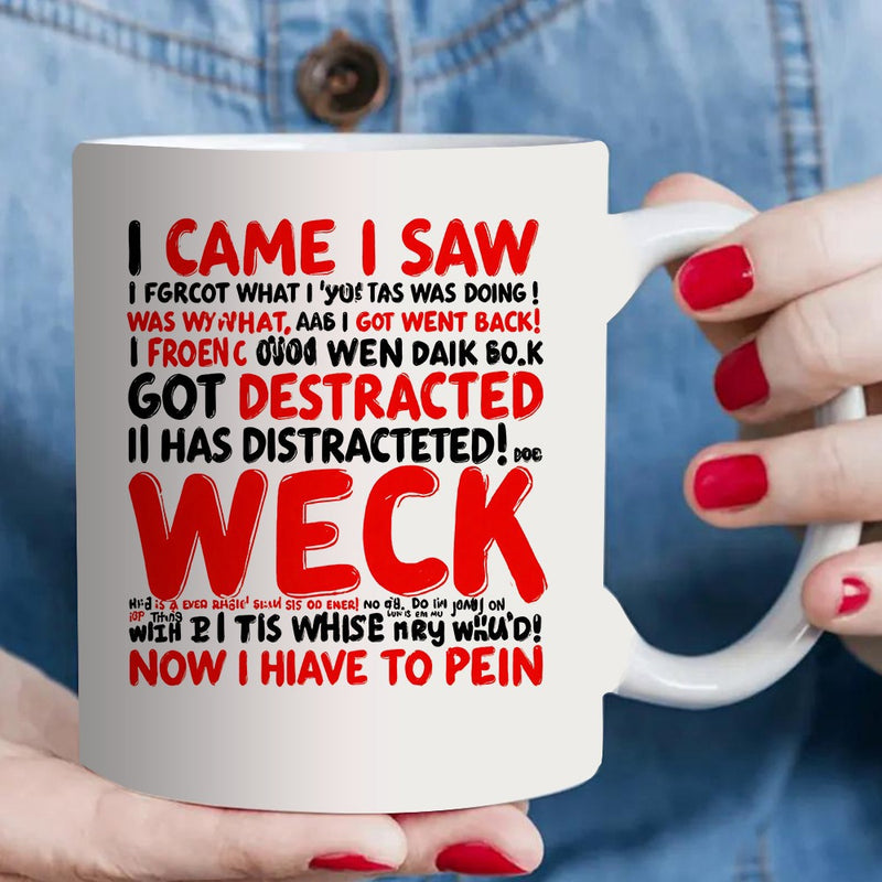 Tailorly White Ceramic 11 oz Mug - humorous coffee mug with "i i saw in" red text