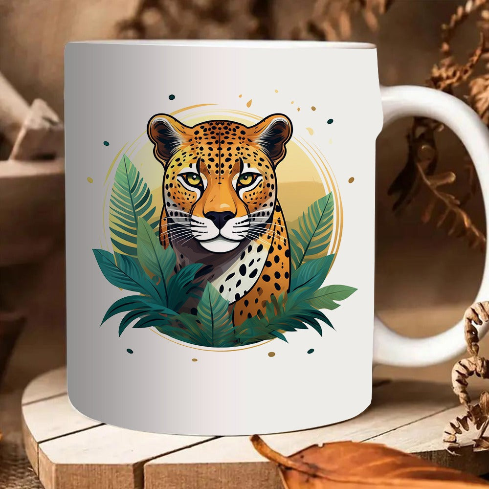 Tailorly White Ceramic 11 oz Mug - leopard design and tropical leaves pattern