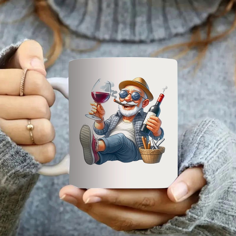 Tailorly White Ceramic 11 oz Mug - man smoking cigar and wine illustration