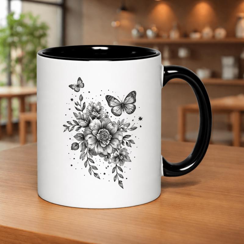 Tailorly Black Accent 11 oz Mug - delicate butterflies and starry accents