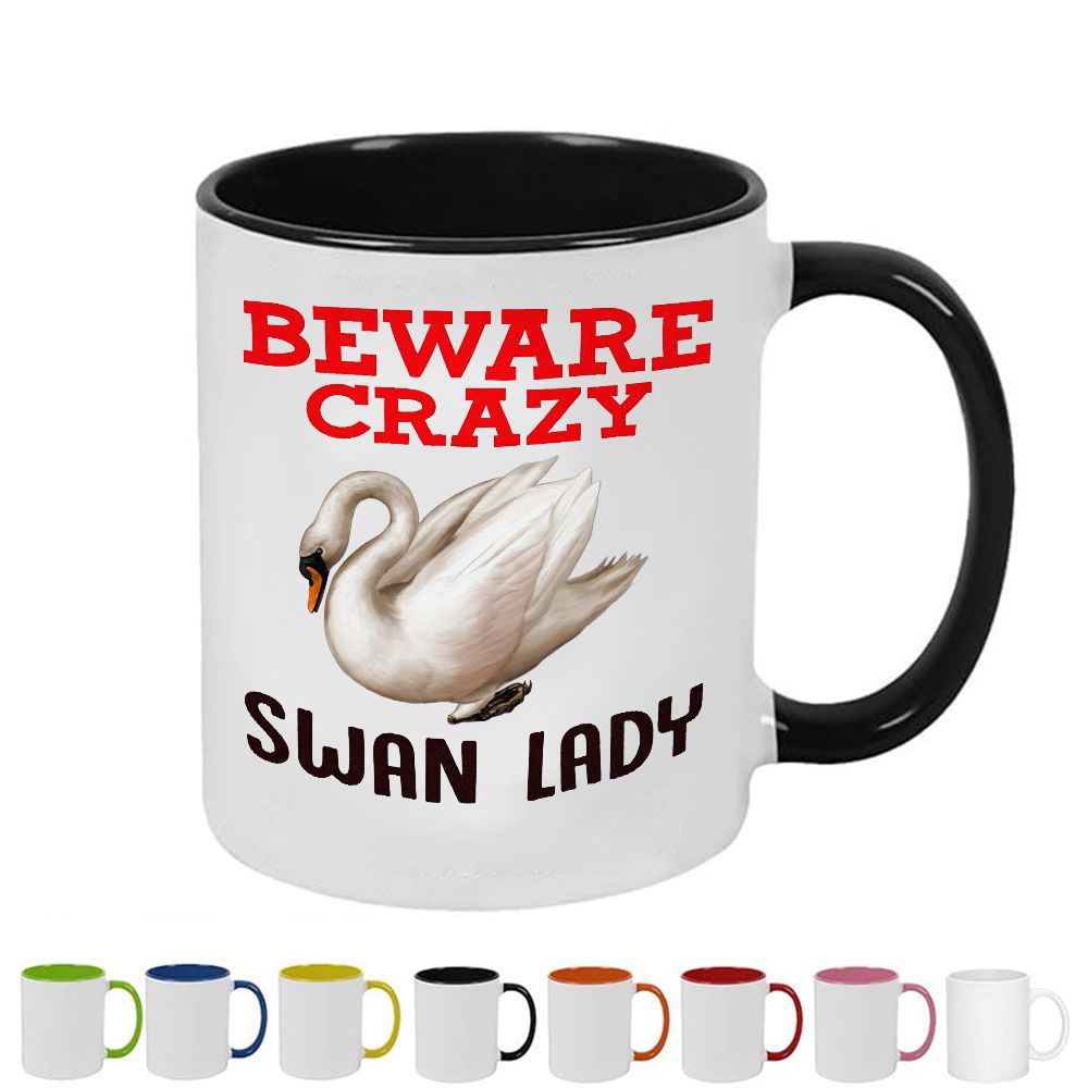 Tailorly Black Accent 11 oz Mug - beware crazy swan lady text realistic swan illustration
