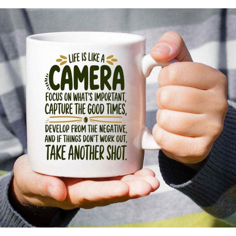 Tailorly White Ceramic 11 oz Mug - photographer， i love cameras， funny text