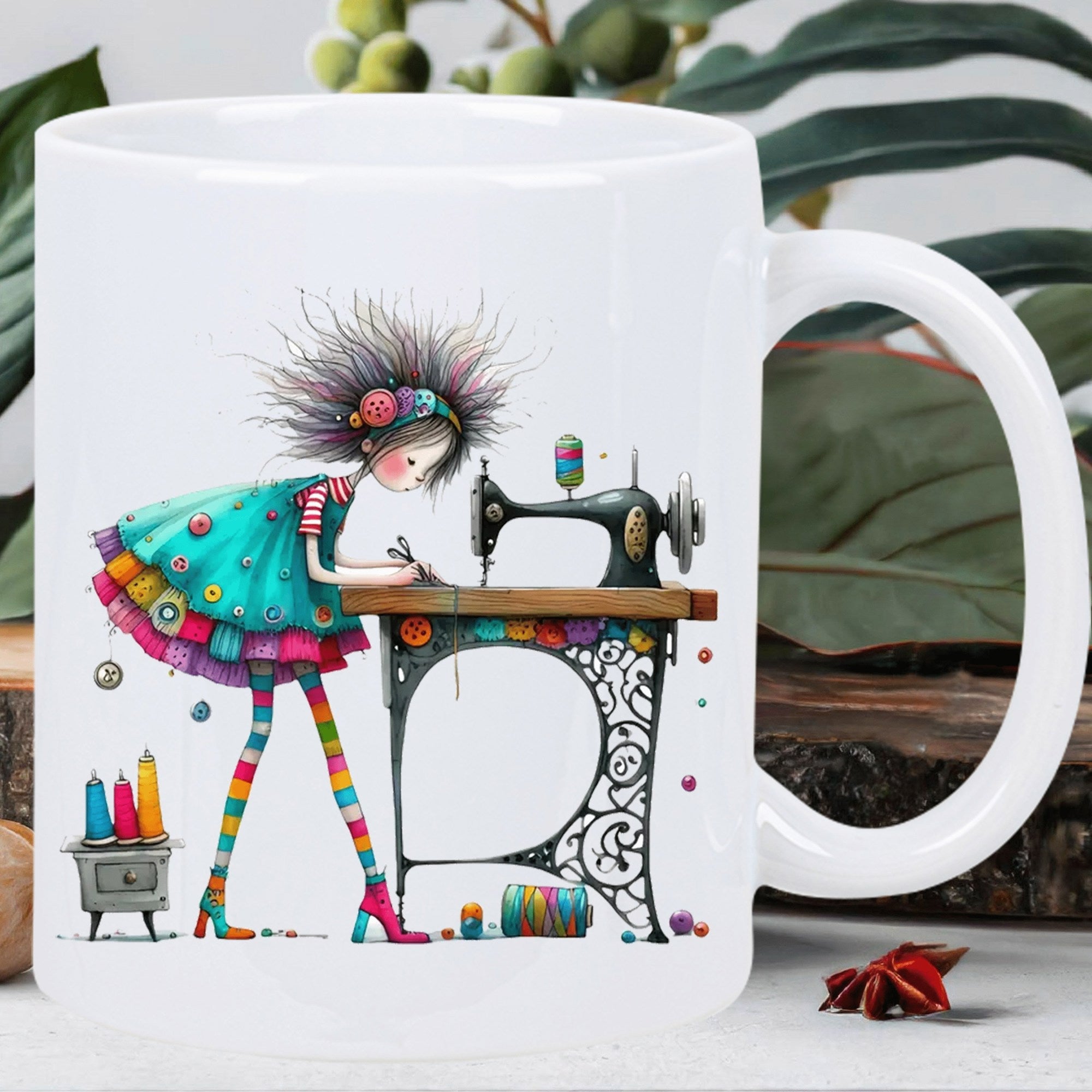 Tailorly White Ceramic 11 oz Mug - the girl with the sewing machine