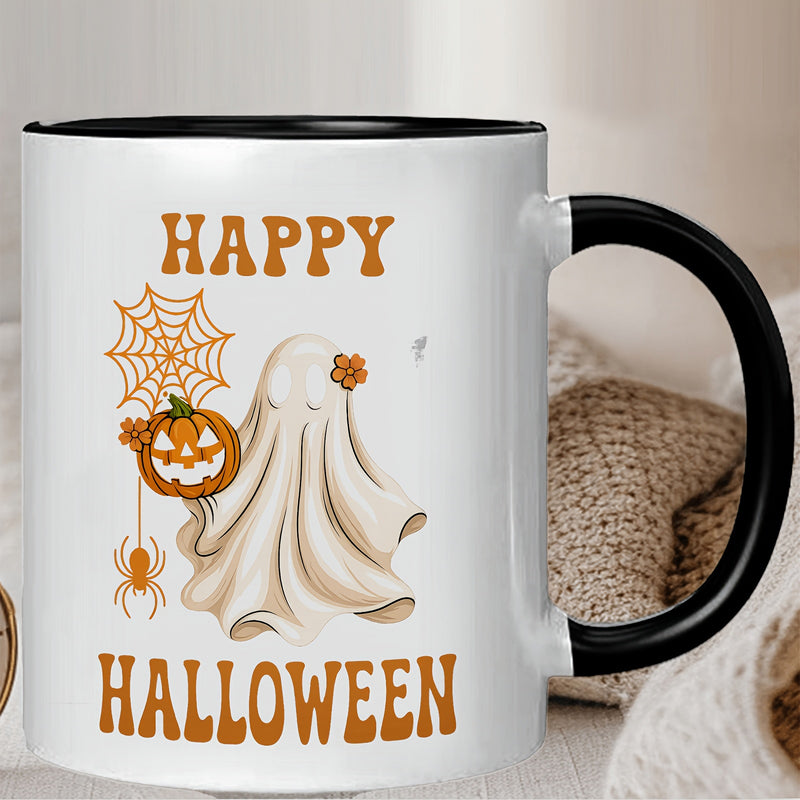 Tailorly Black Accent 11 oz Mug - spooky festive ghost with pumpkin design