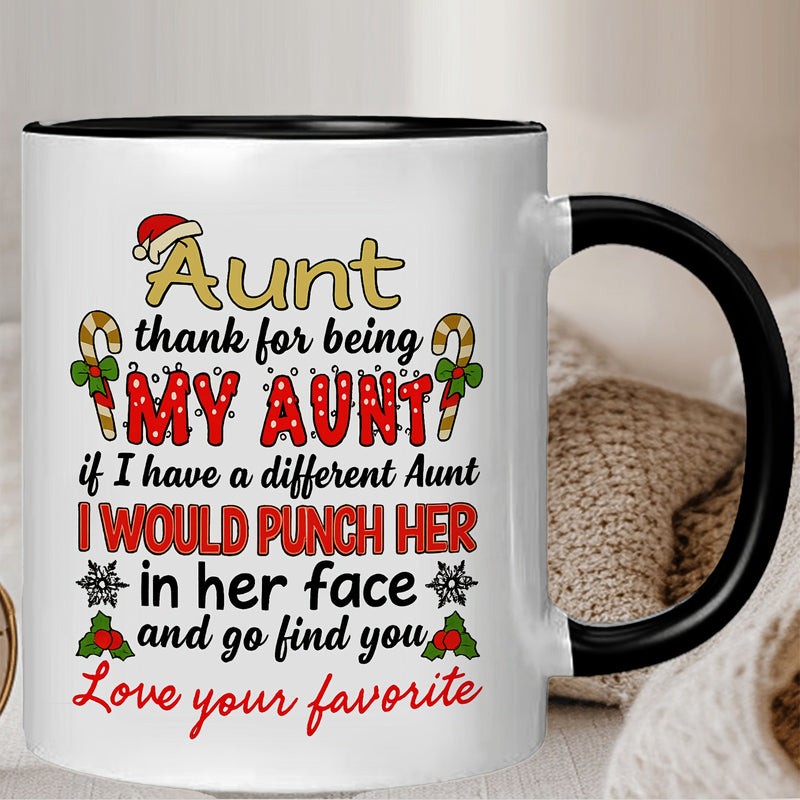 Tailorly Black Accent 11 oz Mug - aunt themed text and festive design