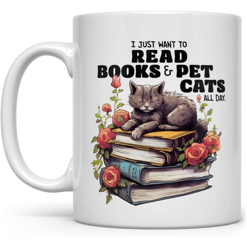 Tailorly White Ceramic 11 oz Mug - book and a cat themed mug with a heart shaped handle