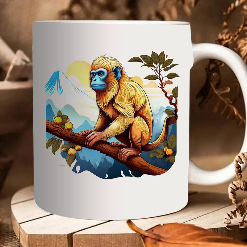 Tailorly White Ceramic 11 oz Mug - a monkey on a branch against a mountain sunset backdrop