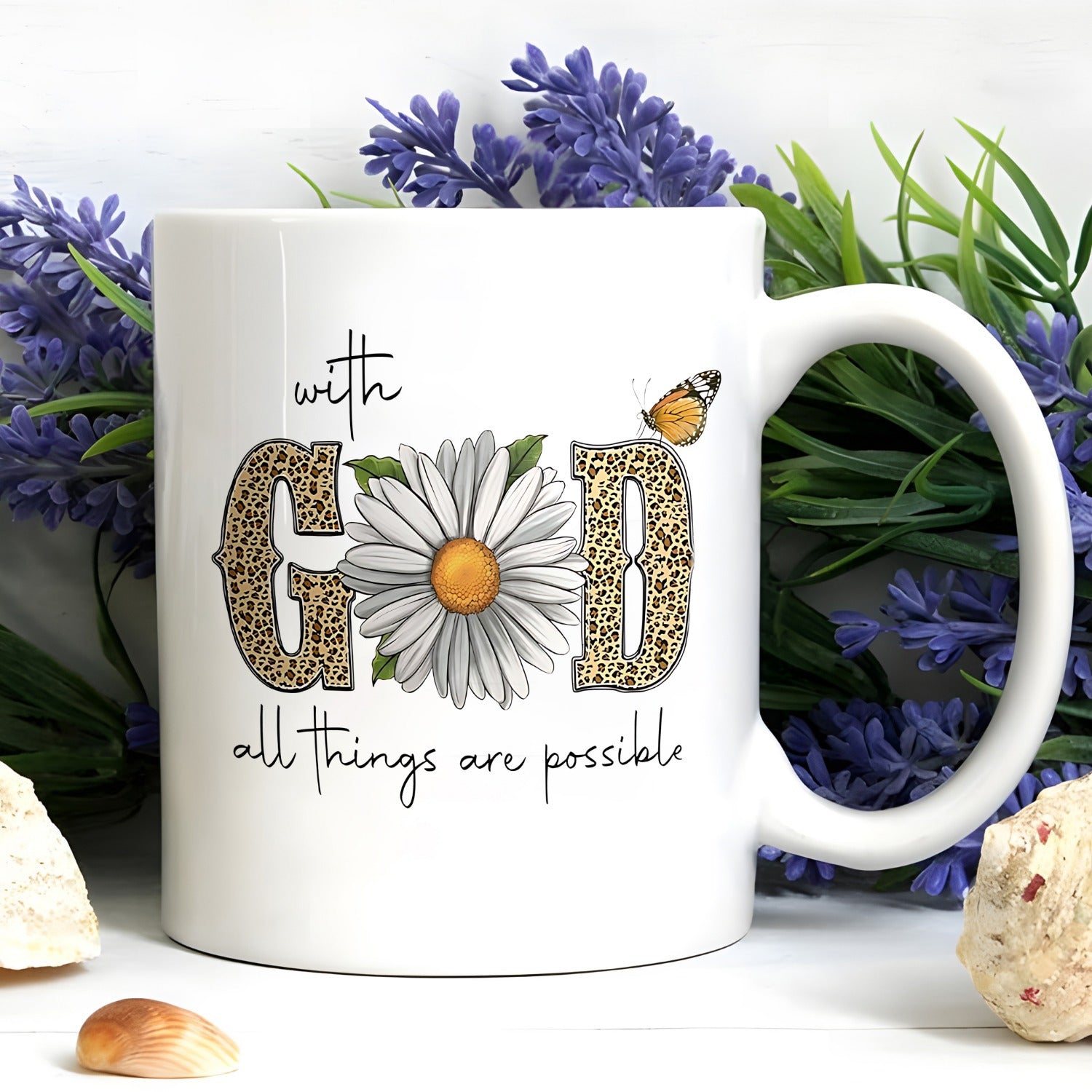 Tailorly White Ceramic 11 oz Mug - daisy and leopard print