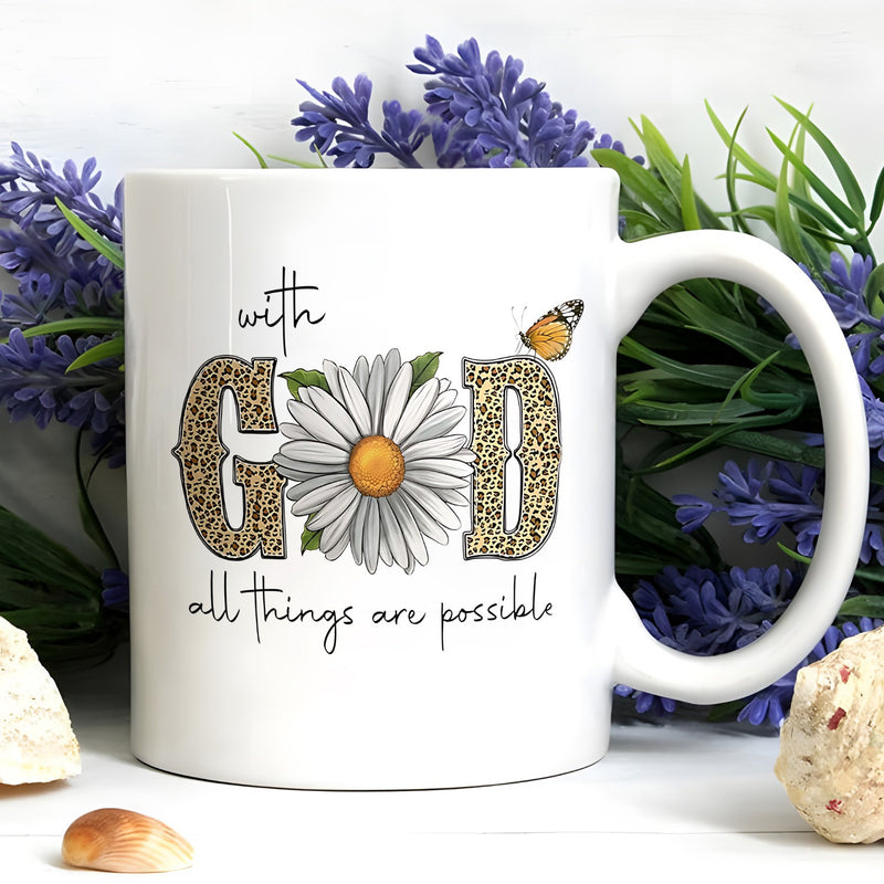 Tailorly White Ceramic 11 oz Mug - daisy and leopard print
