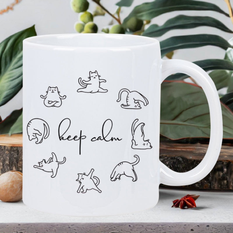 Tailorly White Ceramic 11 oz Mug - cat doing yoga