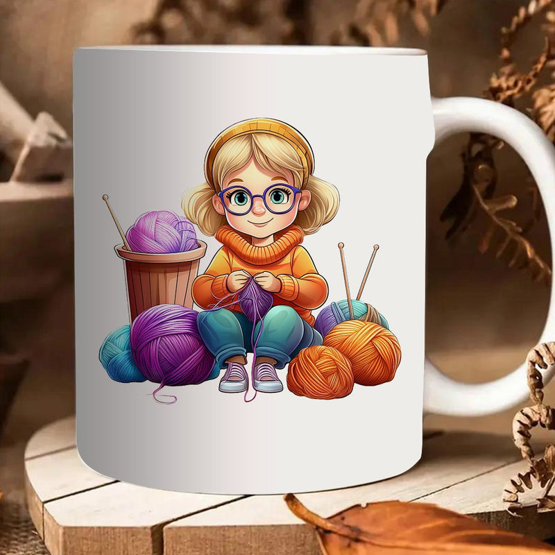 Tailorly White Ceramic 11 oz Mug - cute girl knitting with colorful yarns and knitting needles