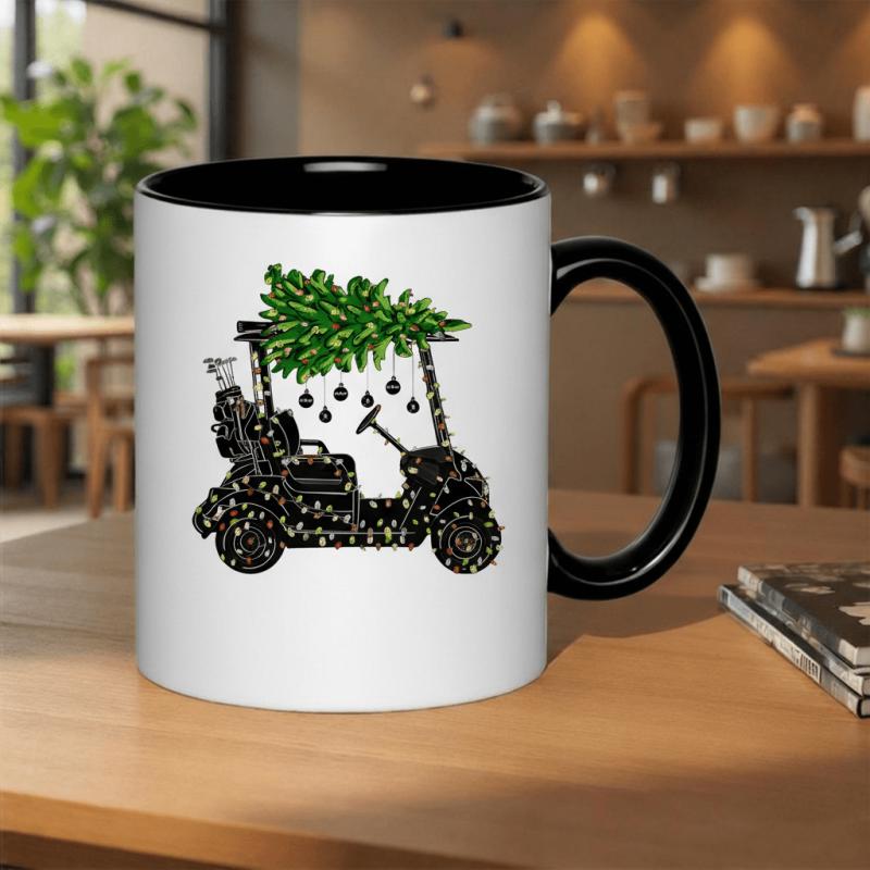 Tailorly Black Accent 11 oz Mug - golf cart decorated with Christmas tree， lights， and ornaments