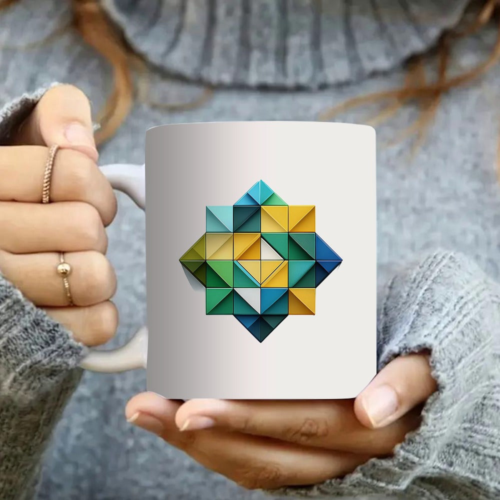 Tailorly White Ceramic 11 oz Mug - geometric star pattern