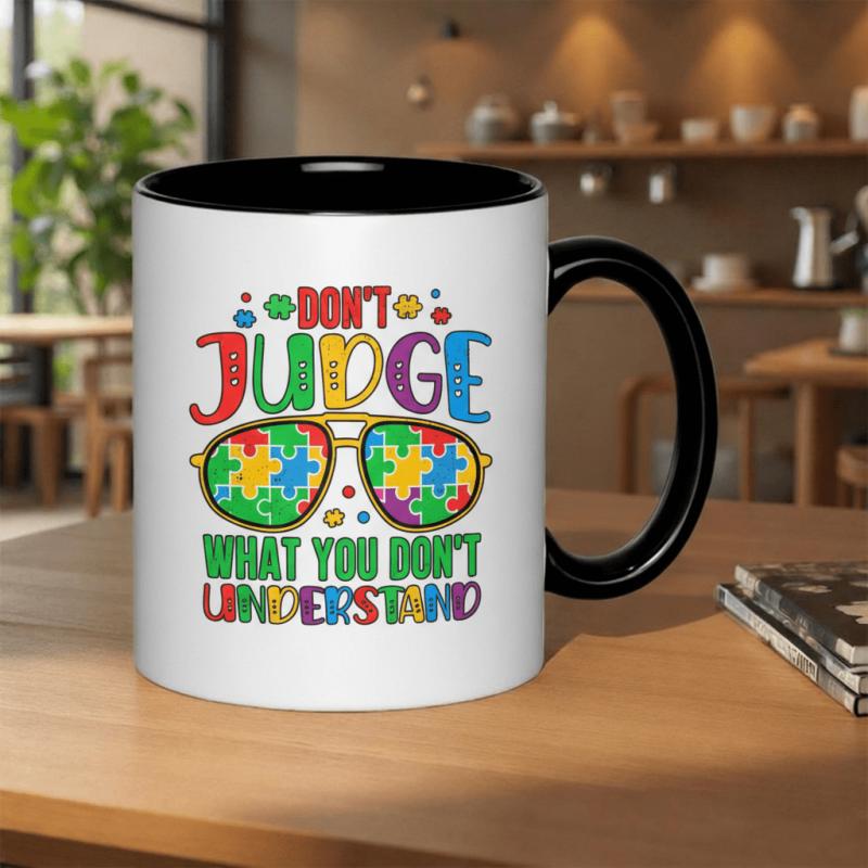 Tailorly Black Accent 11 oz Mug - dont judge what you dont autism awareness puzzle glasses