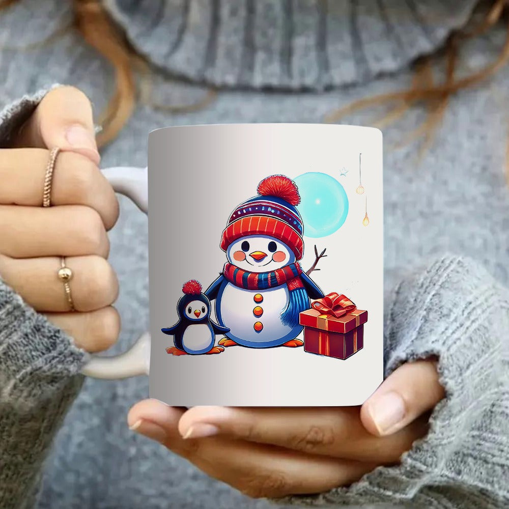 Tailorly White Ceramic 11 oz Mug - cute snowman and penguin design