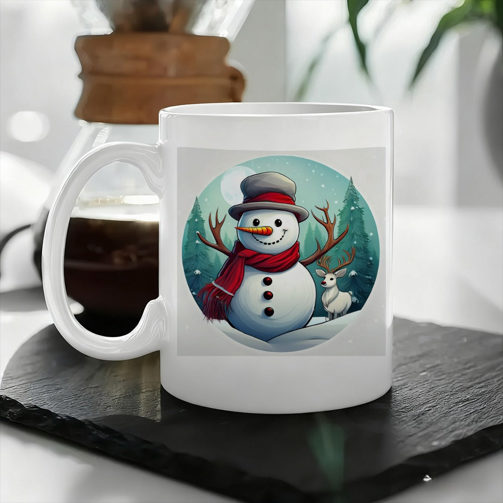 Tailorly White Ceramic 11 oz Mug - snowman and holiday scene