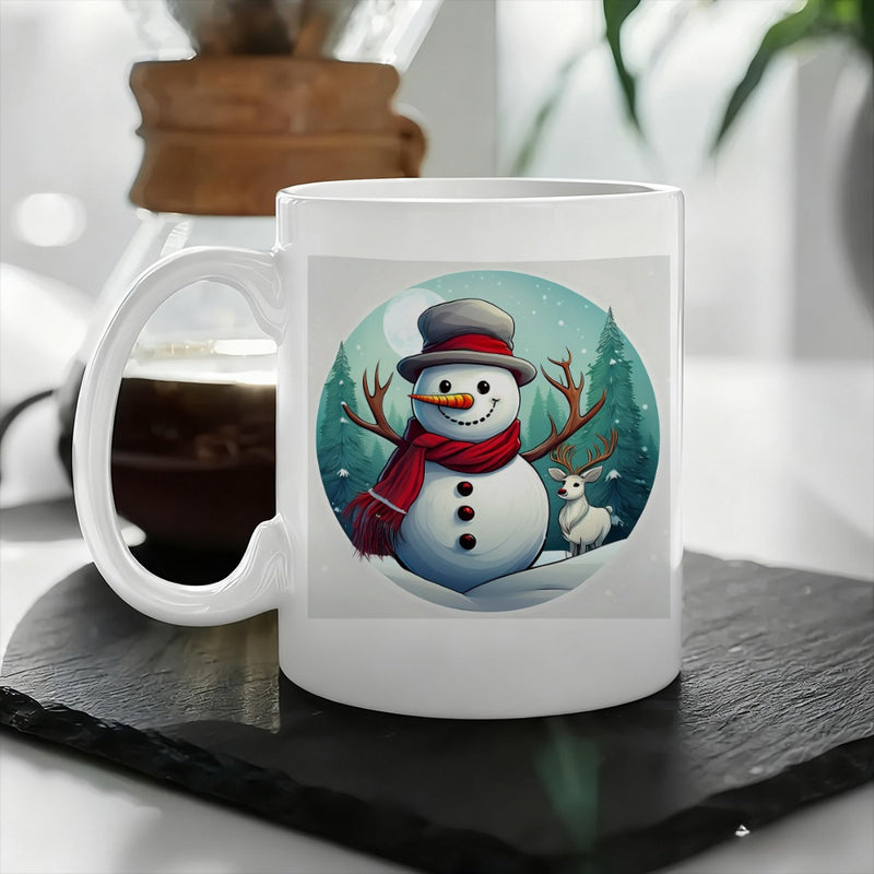 Tailorly White Ceramic 11 oz Mug - snowman and holiday scene