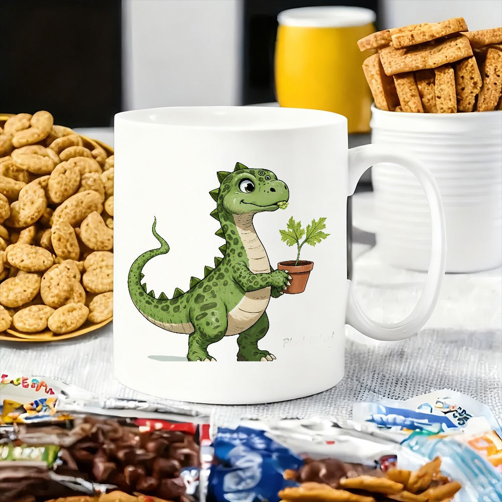 Tailorly White Ceramic 11 oz Mug - dinosaur holding plant pot