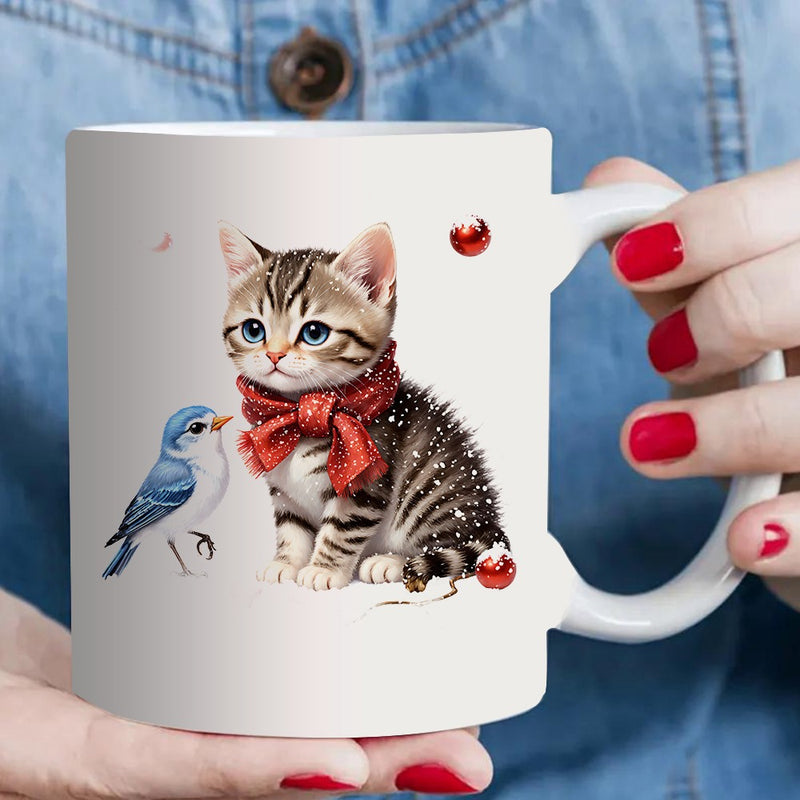 Tailorly White Ceramic 11 oz Mug - a kitten and a bird in the snow with christmas decorations
