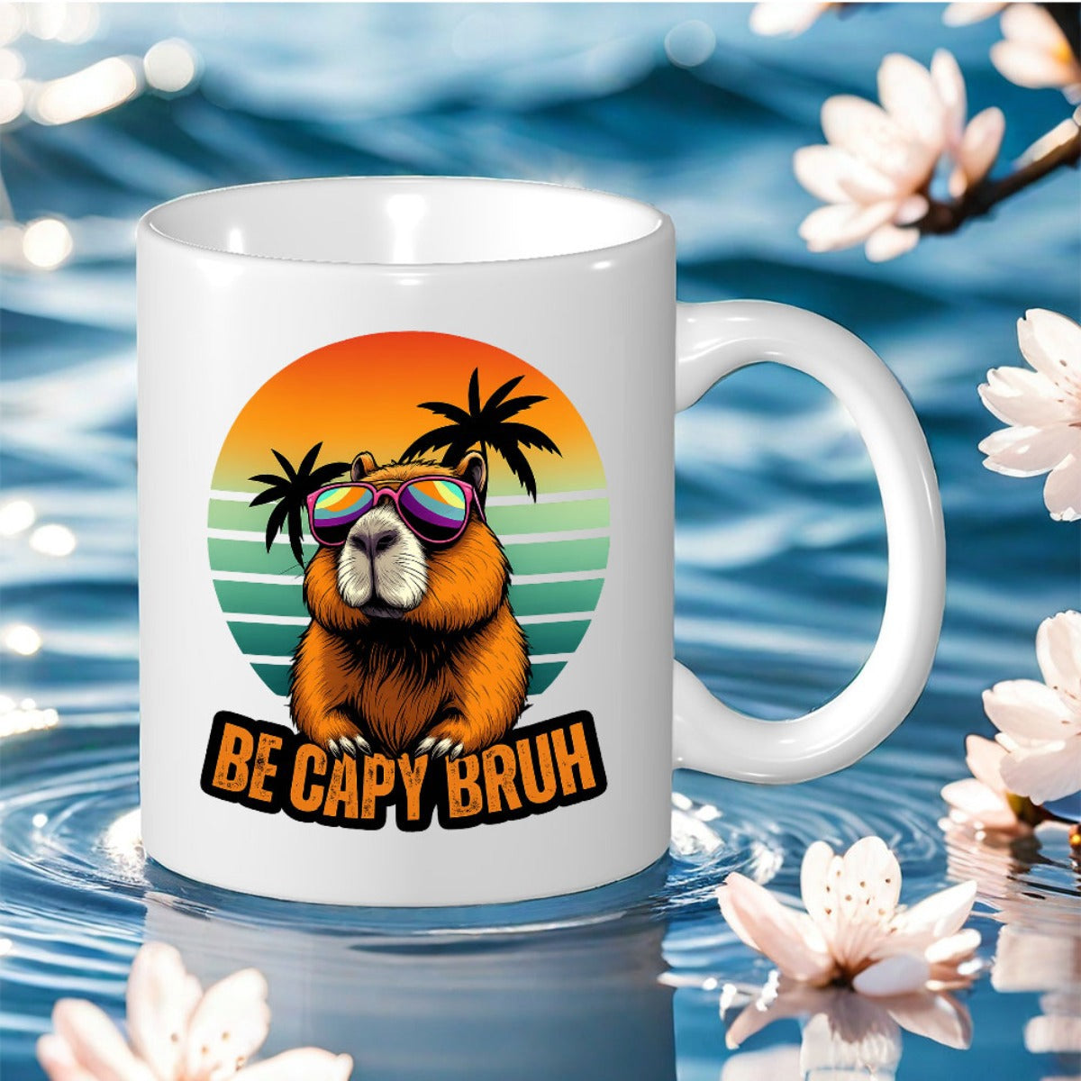 Tailorly White Ceramic 11 oz Mug - funny capybara with print reading home