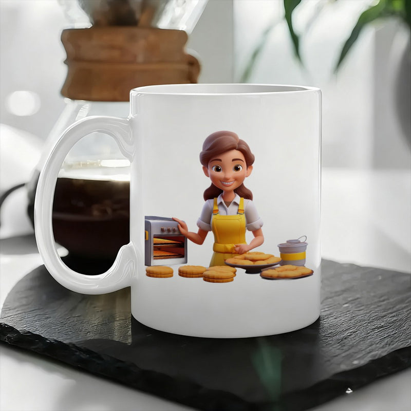 Tailorly White Ceramic 11 oz Mug - cute cartoon woman baking with oven and fresh pastries