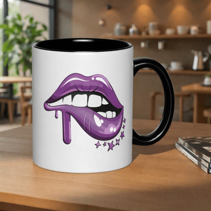 Tailorly Black Accent 11 oz Mug - glossy purple lips with stars