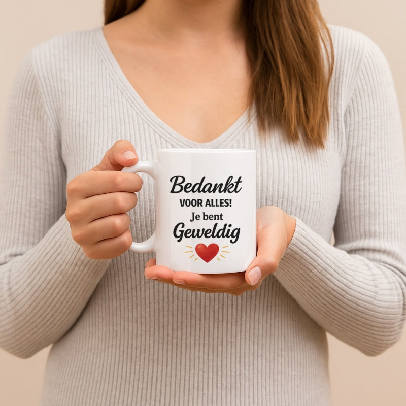 Tailorly White Ceramic 11 oz Mug - dutch text "dank je wel thank you"