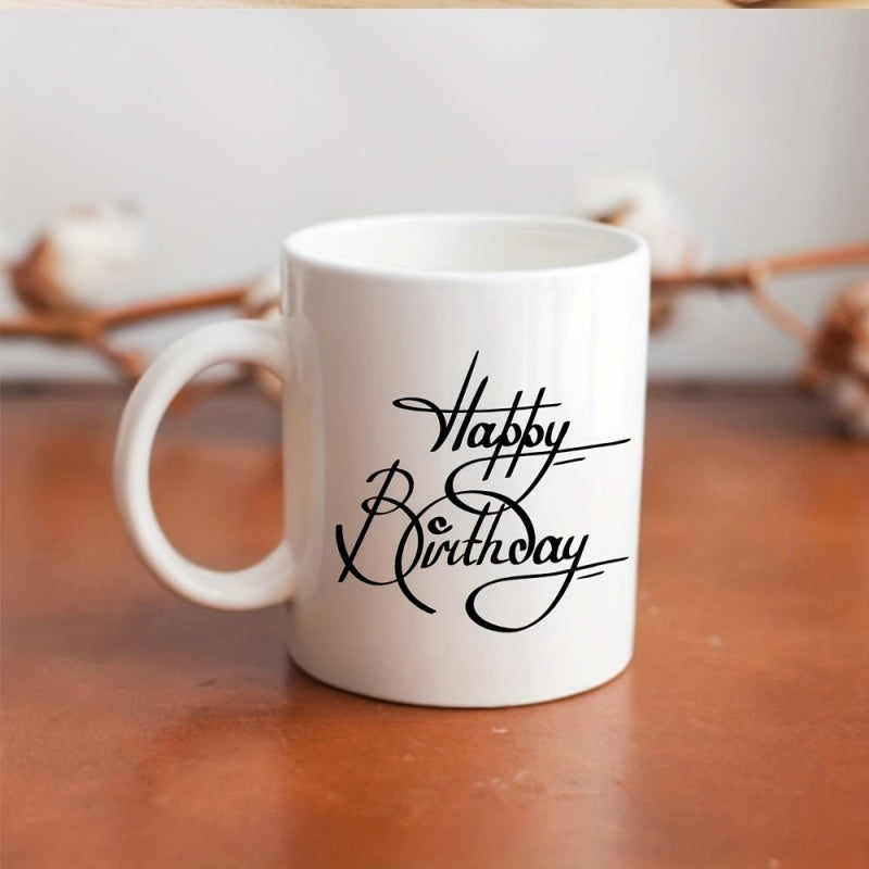 Tailorly White Ceramic 11 oz Mug - elegant cursive "happy birthday" lettering