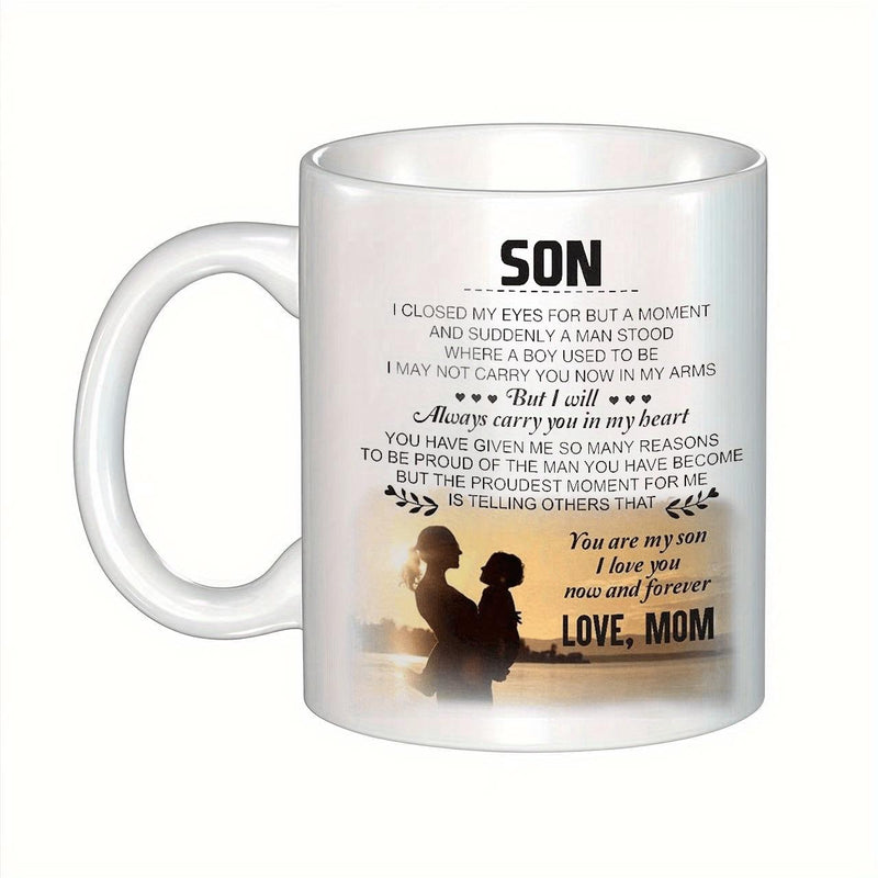 Tailorly White Ceramic 11 oz Mug - text: "I closed cup I will in my heart from mom to son mother and son"