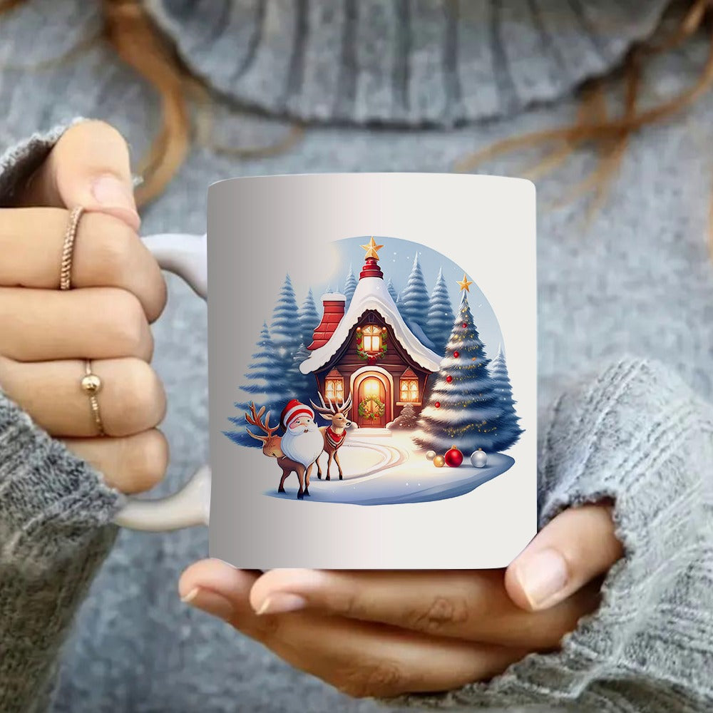 Tailorly White Ceramic 11 oz Mug - santa reindeer cottage scene tree