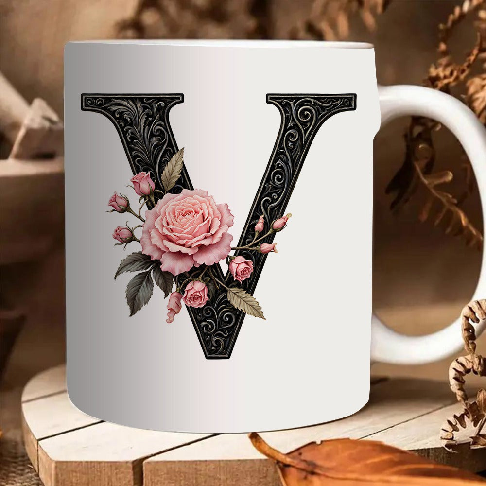 Tailorly White Ceramic 11 oz Mug - v letter with roses classic floral pattern