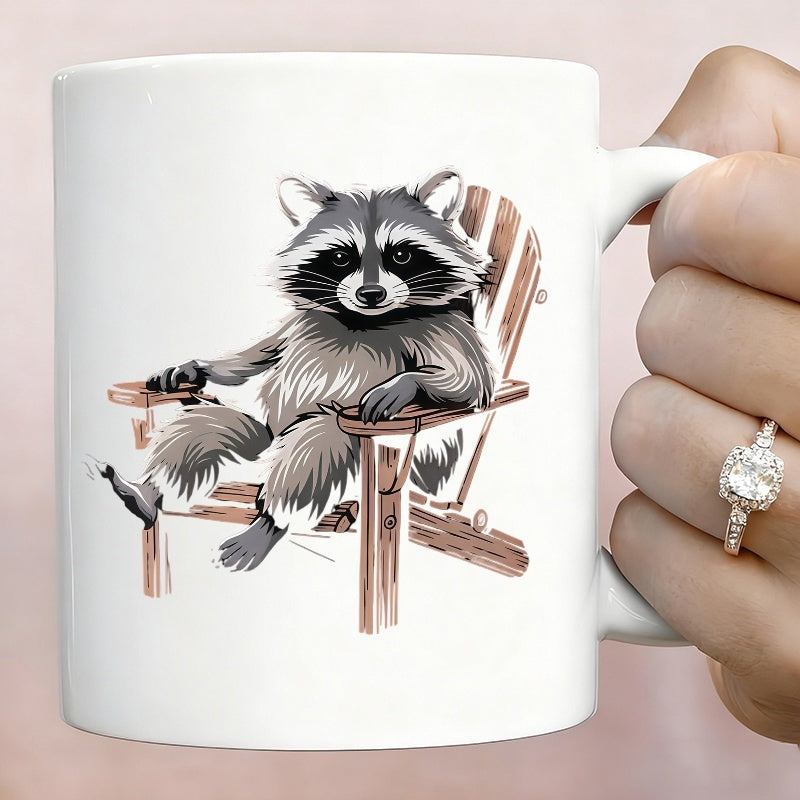 Tailorly White Ceramic 11 oz Mug - raccoon on a chair