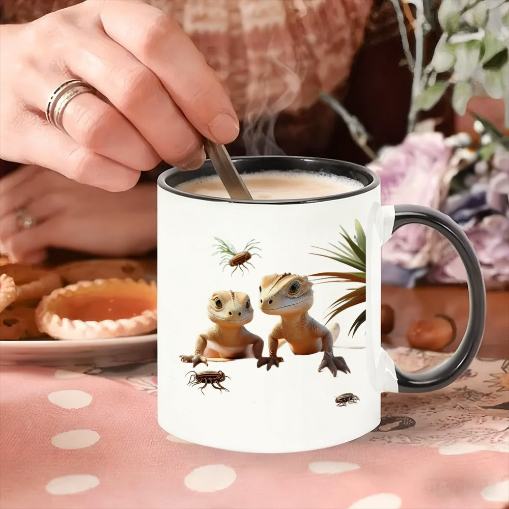 Tailorly Black Accent 11 oz Mug - two adorable lizards and insects against a desert backdrop