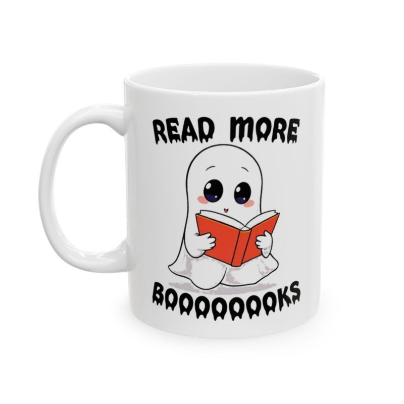 Tailorly White Ceramic 11 oz Mug - books autumn fall halloween book lover reading companion halloween book cute
