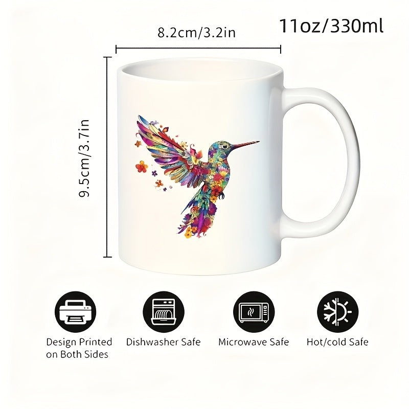 Tailorly White Ceramic 11 oz Mug - colorful hummingbird and hibiscus flower