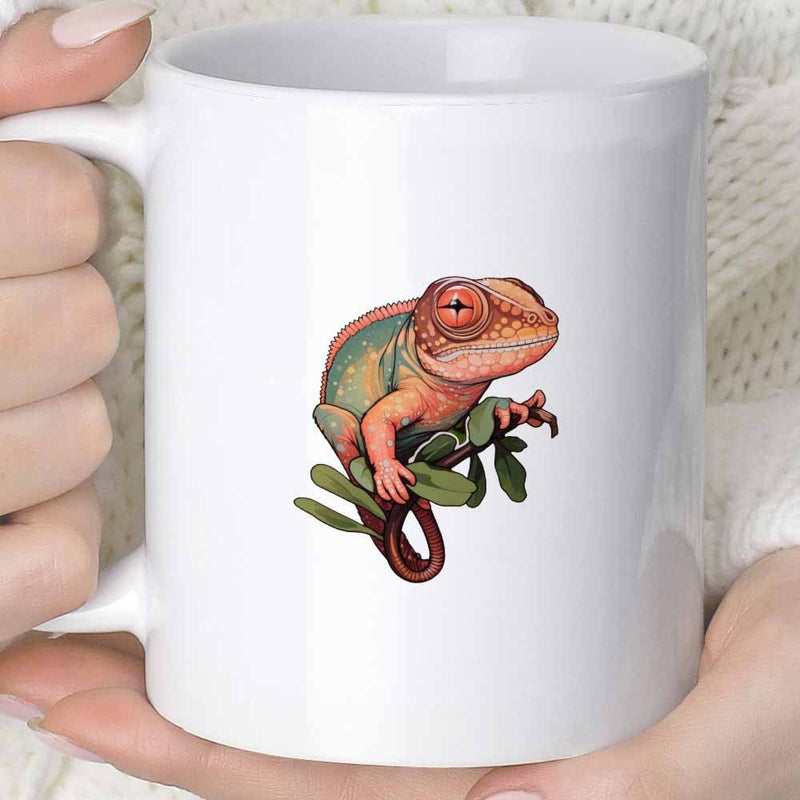 Tailorly White Ceramic 11 oz Mug - chameleon and leaf