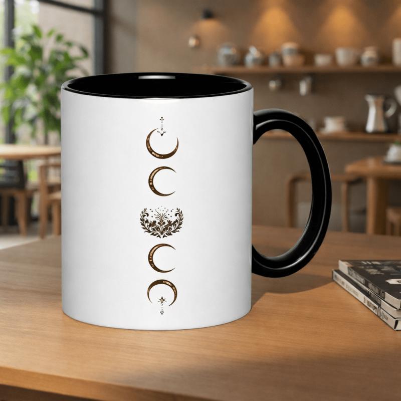 Tailorly Black Accent 11 oz Mug - celestial moon phases and ornate botanical design