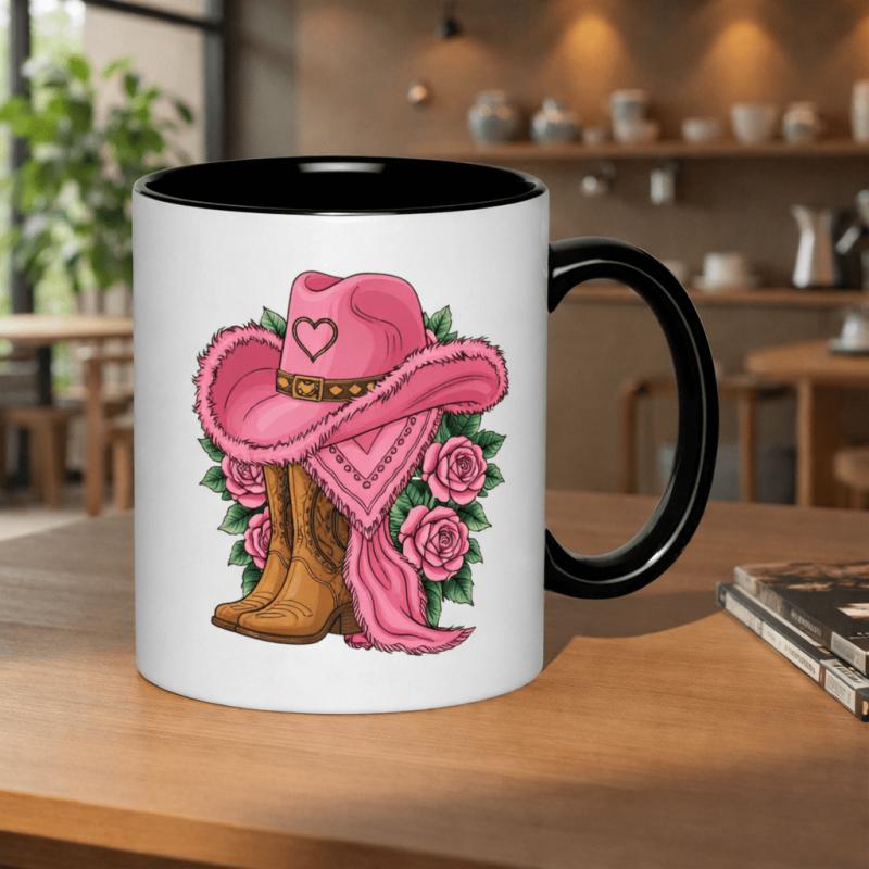 Tailorly Black Accent 11 oz Mug - pink cowgirl hat， boots， roses， western style