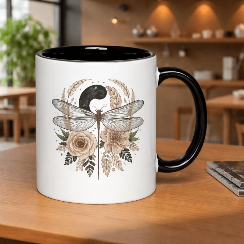 Tailorly Black Accent 11 oz Mug - dragonfly roses and wheat field