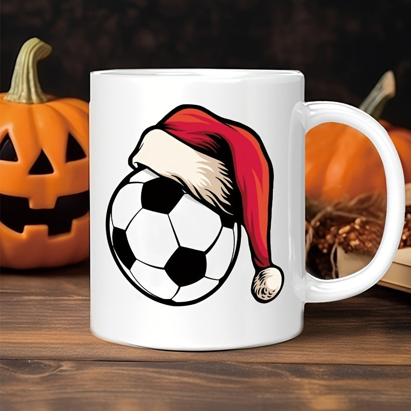 Tailorly White Ceramic 11 oz Mug - soccer themed mug with santa hat