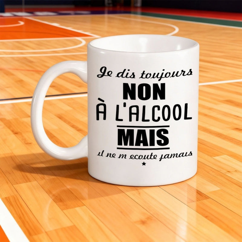 Tailorly White Ceramic 11 oz Mug - humorous French saying "le dis lalcohol mais il ne me coute"