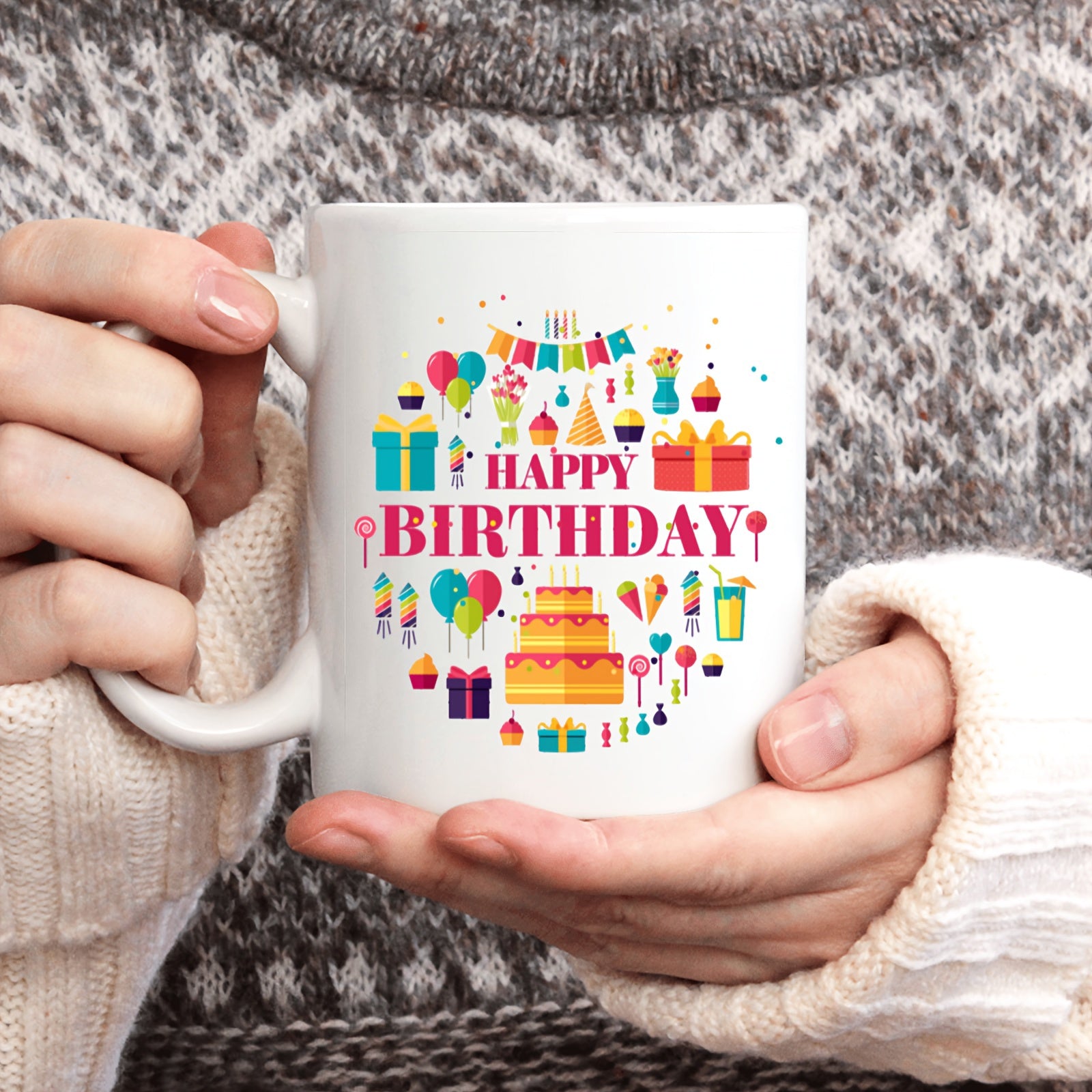 Tailorly White Ceramic 11 oz Mug - happy birthday with colorful ball