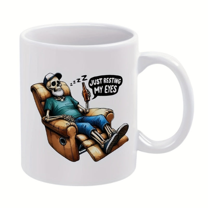 Tailorly White Ceramic 11 oz Mug - skeleton and a recliner