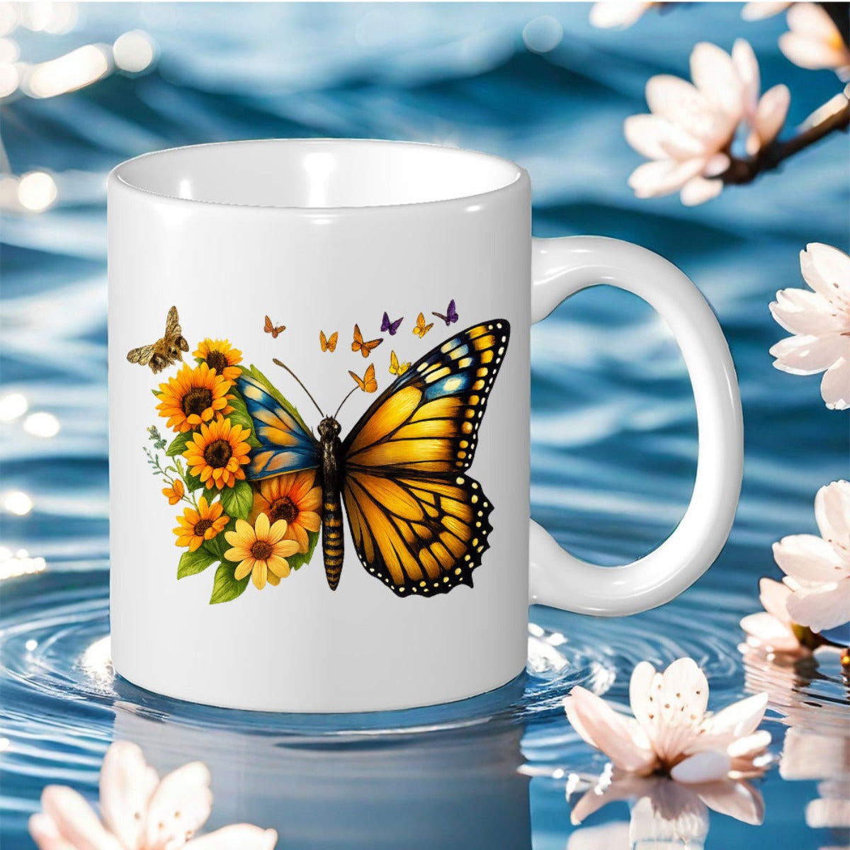 Tailorly White Ceramic 11 oz Mug - fun elegant sunflower pattern
